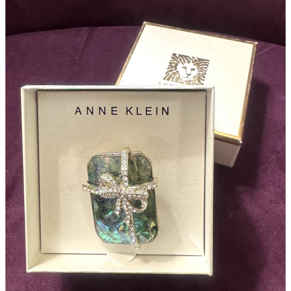 Designer Signed ANNE KLEIN Faceted Glass Abalone Rhinestones Brooch NIB